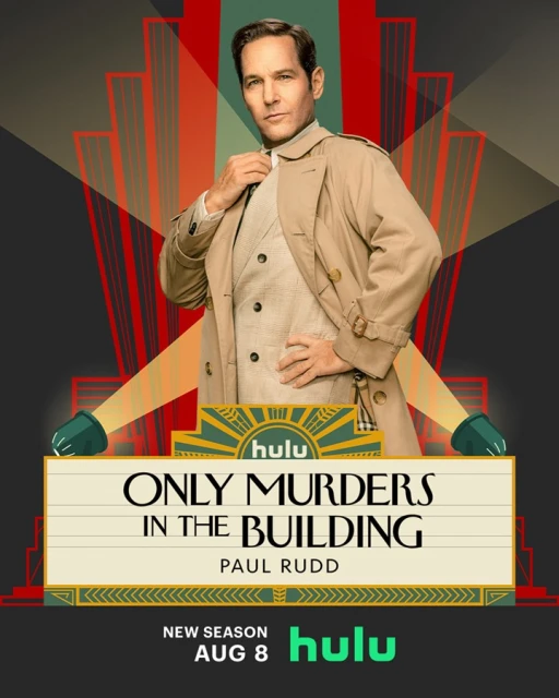 Paul Rudd poses in a beige trench coat and suit for 'Only Murders in the Building' Season 3, set against a vintage graphic background.