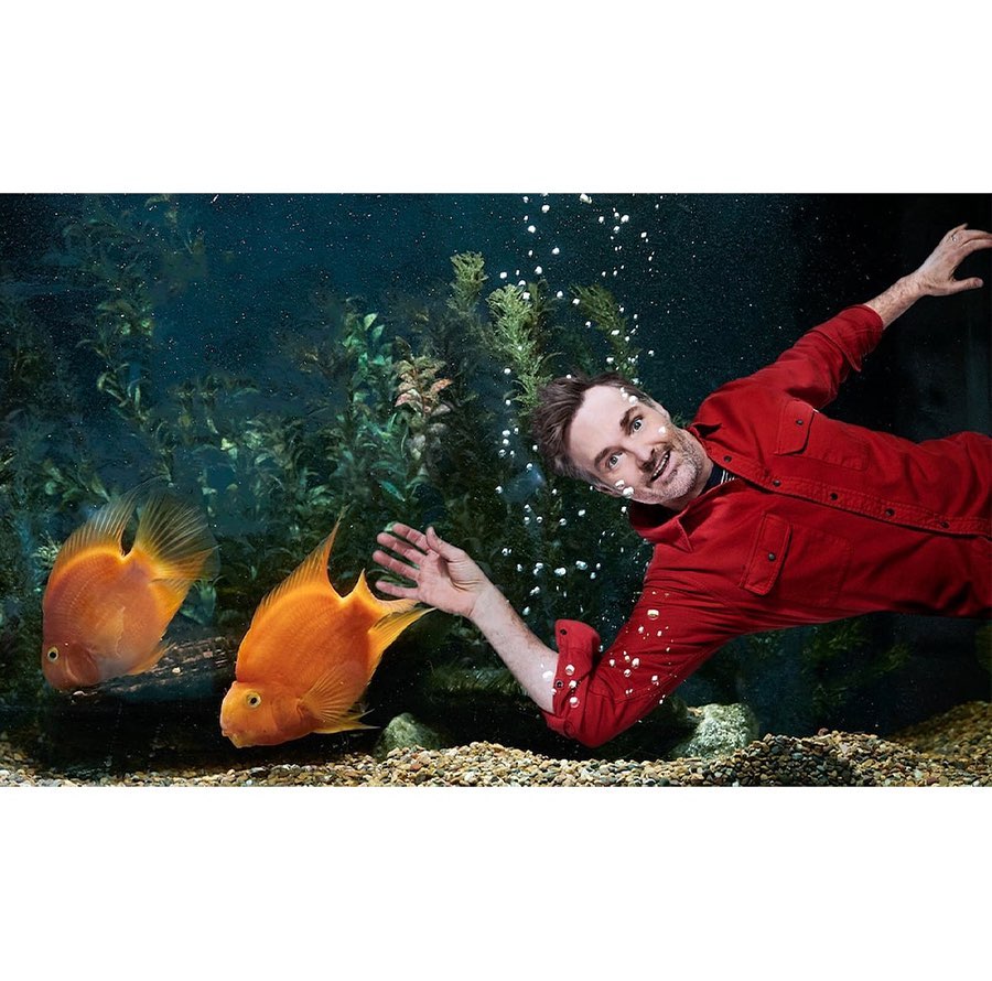 Man in red shirt interacts with orange fish in a fish tank with lush aquatic plants and bright lighting creating an underwater scene.