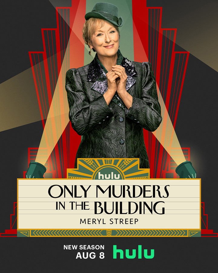 Promotional image for 'Only Murders in the Building' featuring Meryl Streep in a patterned blazer and hat, posing in front of show title.