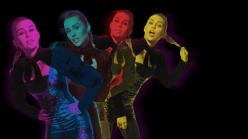 Multiple images of an adult female with dark hair and a sequin dress, posed against a dark background with colorful gel lighting.