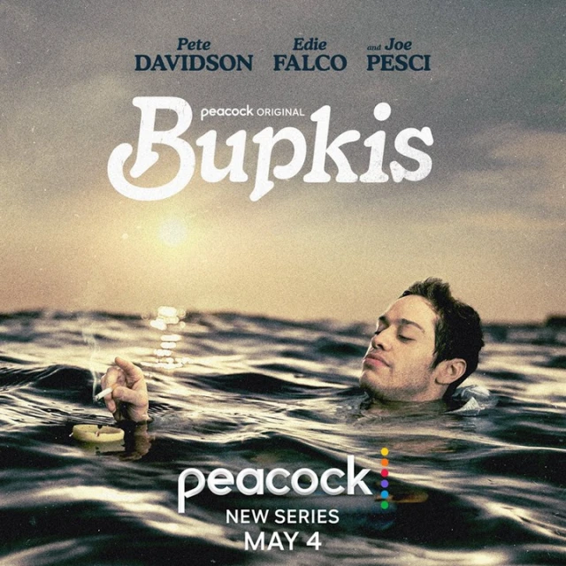Promotional poster for Peacock Original's Bupkis showing Pete Davidson partially submerged in water, smoking with an ashtray floating nearby.