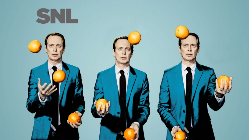 Promotional image for Saturday Night Live featuring three poses of Steve Buscemi in a blue suit juggling oranges on a blue background.