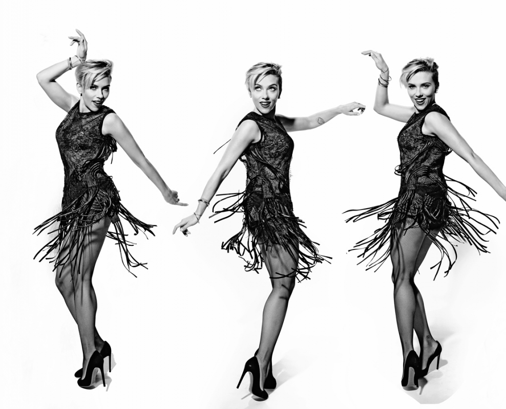 Scarlett Johansson strikes dynamic poses in a black flapper dress, fishnet stockings, and high heels against a bright white background.