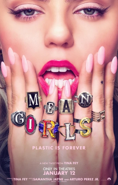 Movie poster featuring a woman's face with pink nails and rings spelling 'Mean Girls,' promoting the release in theaters on January 12.