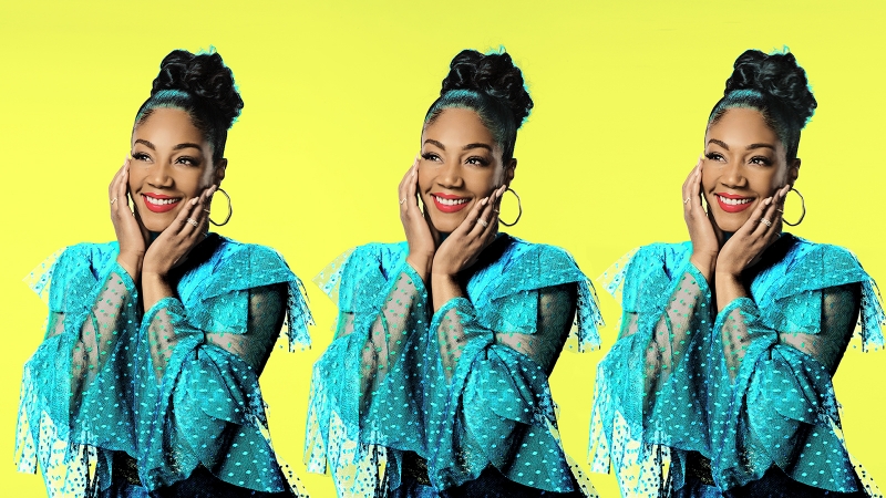 Three images of a smiling Black woman with hands on her face, wearing a blue polka dot top and hoop earrings, against a yellow background.