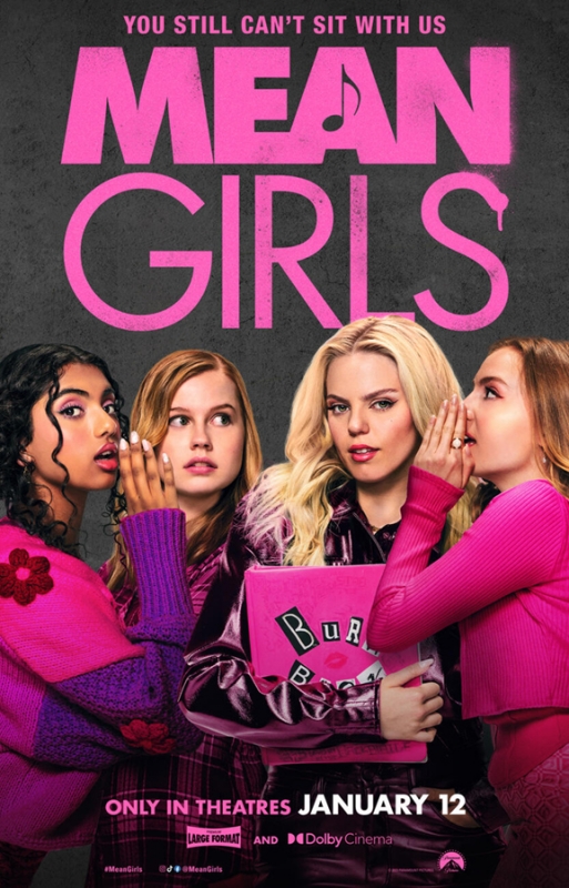 Movie poster for Mean Girls featuring four young women in pink outfits, with the title prominently displayed in pink above them.