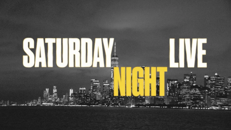 Monochrome cityscape title card featuring bold yellow typography reading Saturday Night Live over New York skyline