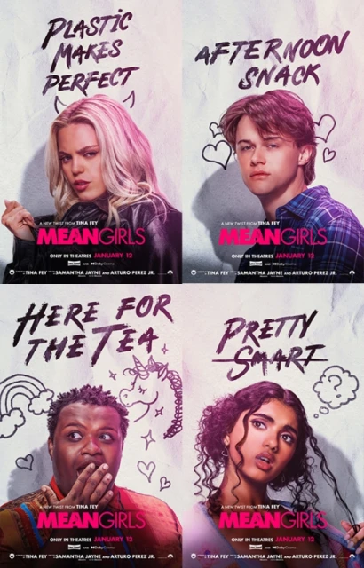Four 'Mean Girls' movie posters featuring close-up portraits of young adult actors against a white background with graffiti-style writing.