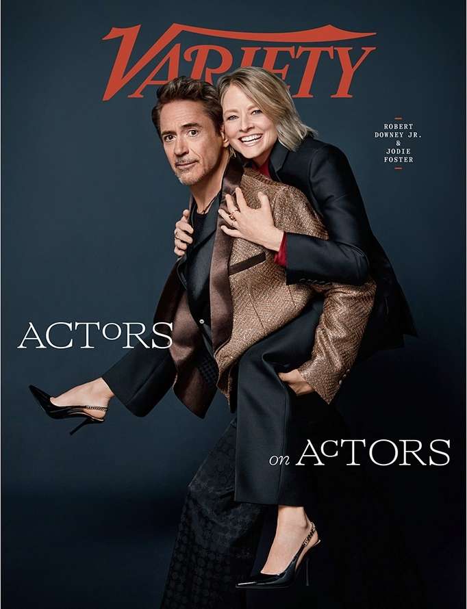Magazine cover featuring Robert Downey Jr. carrying Jodie Foster piggyback style. The Variety logo is visible at the top.