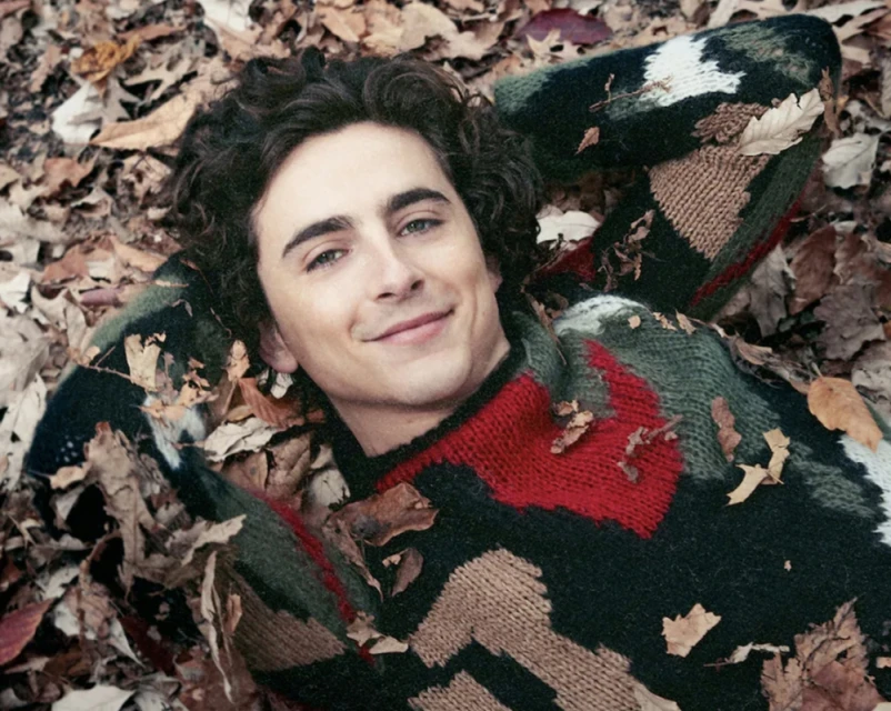 Man lies among fallen leaves outdoors, smiling and wearing a patterned sweater. Portrait framed at eye-level with a shallow depth of field.