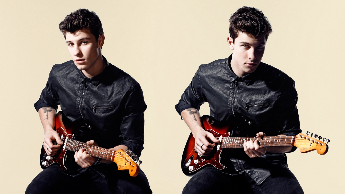 Two images of a young adult male, musician, with dark hair wearing a leather jacket, holding a red and black electric guitar in photo studio.