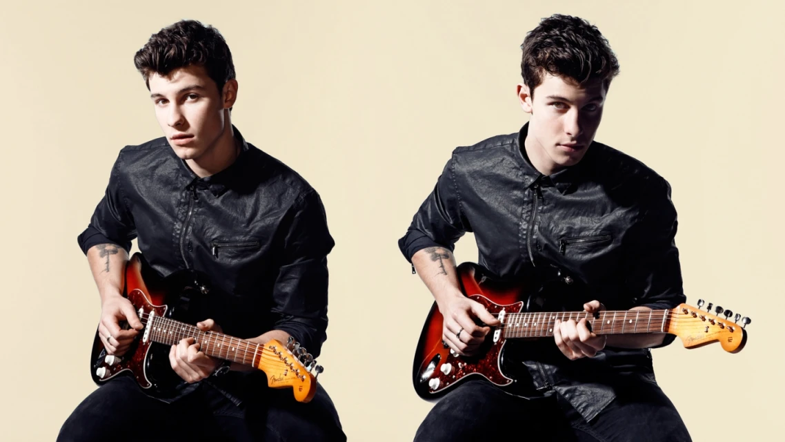 Two images of a young adult male, musician, with dark hair wearing a leather jacket, holding a red and black electric guitar in photo studio.