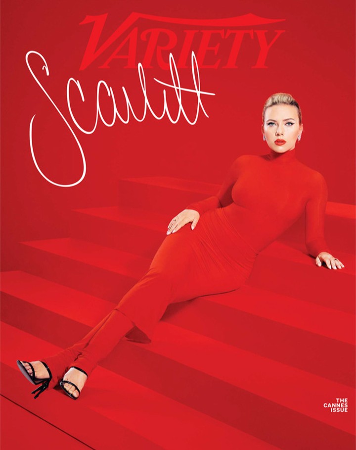 Magazine cover featuring Scarlett Johansson in a red dress, reclining on a red staircase with 'Variety' and 'Scarlett' as dominant text.