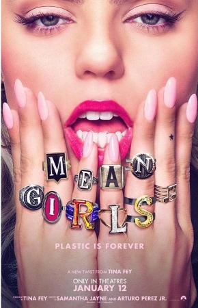 Movie poster featuring a fair-skinned woman's face, with 'Mean Girls' spelled out in rings on her fingers and 'Plastic is Forever' text.