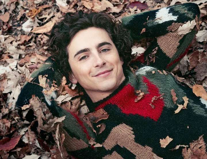 Adult male smiling while lying on his back surrounded by autumn leaves in a forest-like setting, wearing a patterned wool sweater.