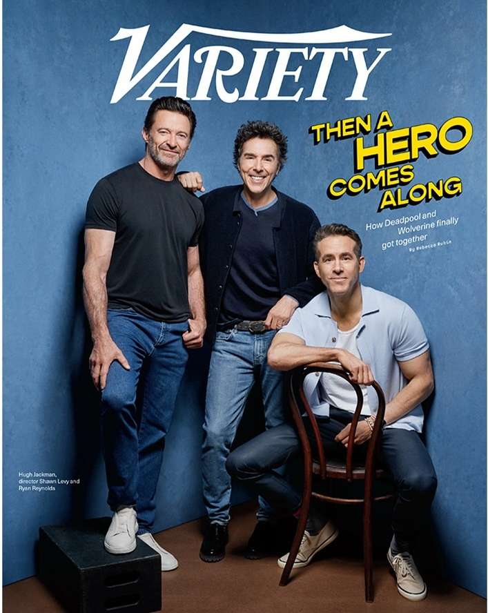 Variety magazine cover featuring Hugh Jackman, Shawn Levy, and Ryan Reynolds in a studio setting, promoting their film together.