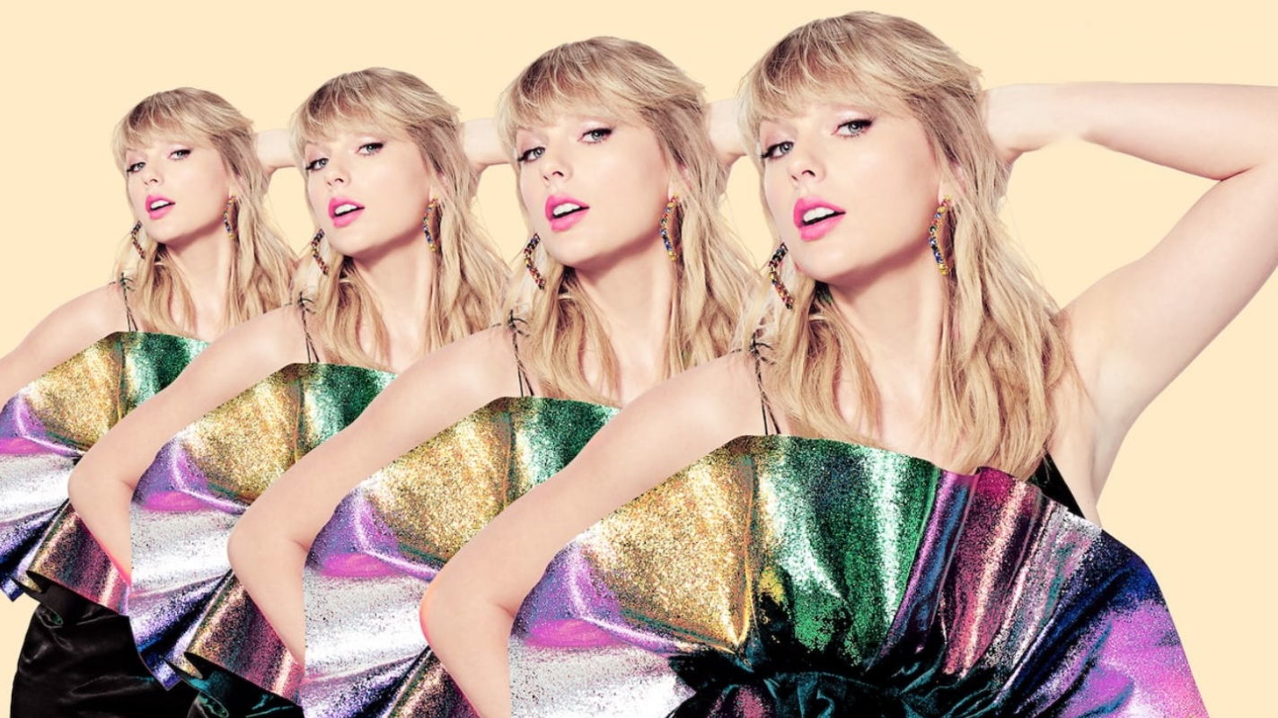 Multiple images of a blonde woman wearing an iridescent bow dress and earrings, posing against a pale yellow backdrop in a studio.