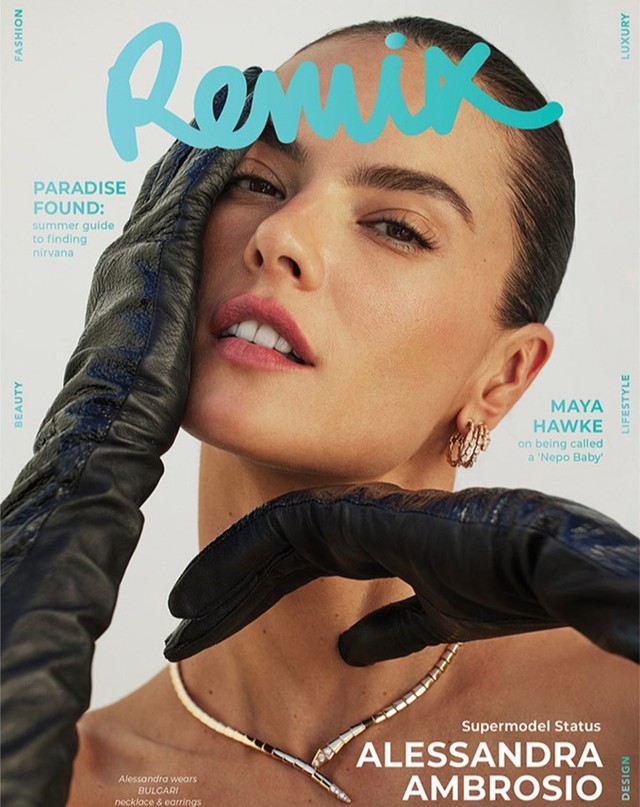 Alessandra Ambrosio stars on the cover of Remix magazine, sporting black gloves and a Bulgari necklace. The background is a clean white.