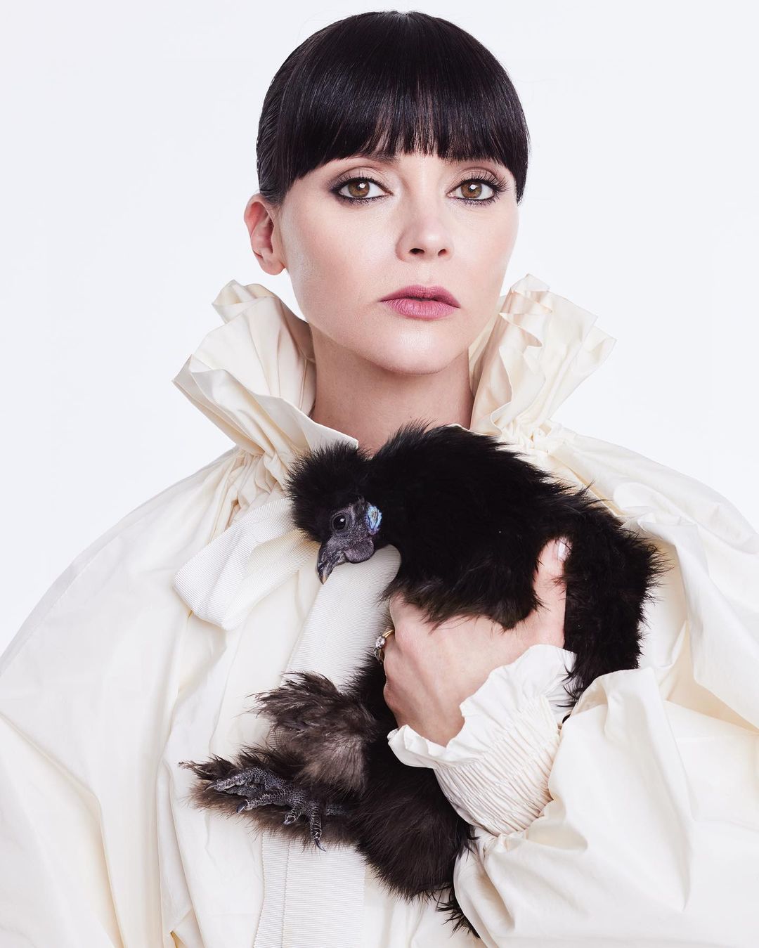 Woman in white ruffled dress holds black silky bantam chicken in light studio portrait. The chicken is held at chest height.