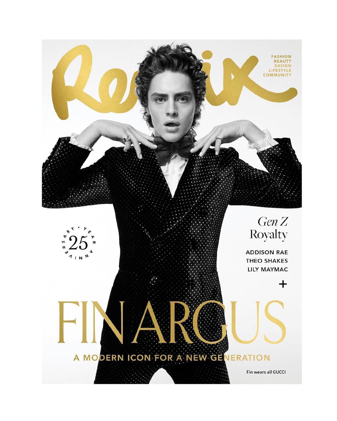 Man in black polka dot suit and bow tie on magazine cover with gold text 'Remix' and 'Finarus' against a white background.