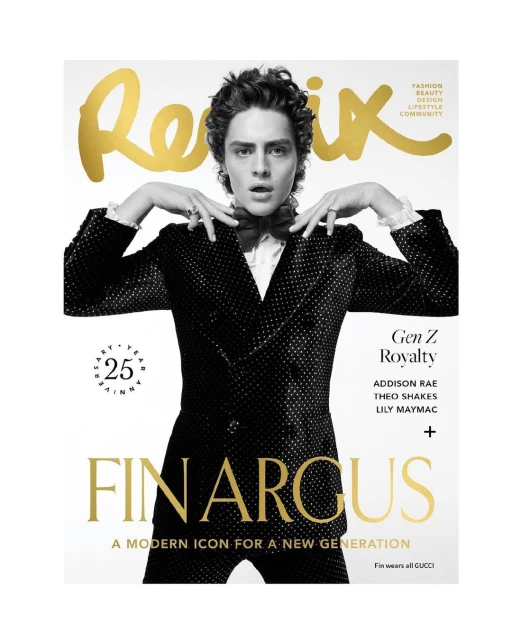 Man in black polka dot suit and bow tie on magazine cover with gold text 'Remix' and 'Finarus' against a white background.