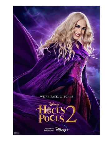 Hocus Pocus 2 movie poster featuring Sarah Jessica Parker with curly blonde hair, purple cape, and red dress against a smoky purple backdrop.