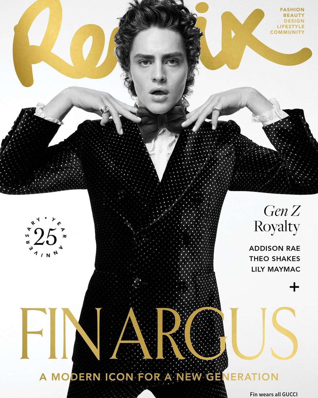 Magazine cover featuring a young adult male in a polka dot suit and bow tie with bold, gold typography and fashion-related text.