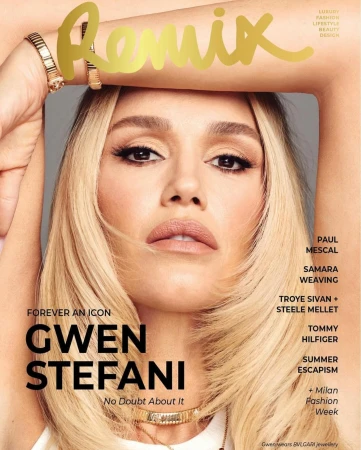 Close-up fashion magazine cover featuring Gwen Stefani with blonde hair, gold jewelry, posing in a light grey indoor setting.