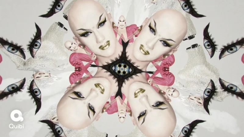 Surreal kaleidoscope image with the faces of a bald adult woman wearing makeup, geometric shapes, and floating eyes on a grey background.