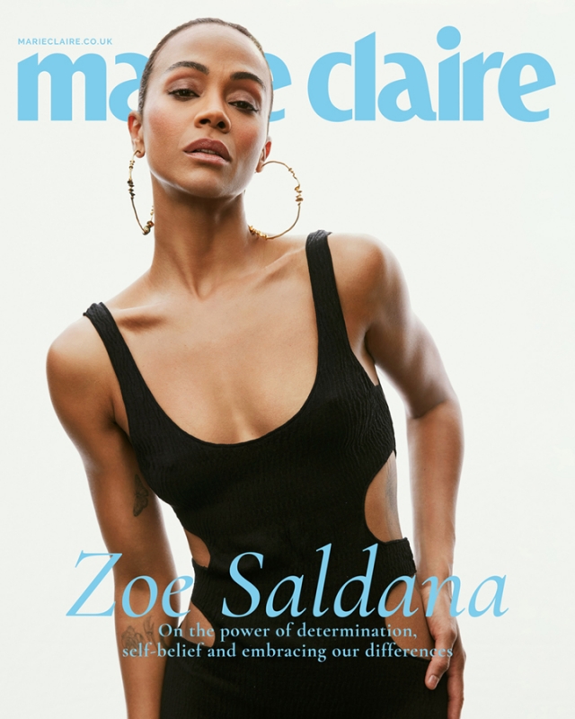 Zoe Saldana poses on the Marie Claire cover wearing a black cut-out swimsuit and gold hoop earrings against a white background.