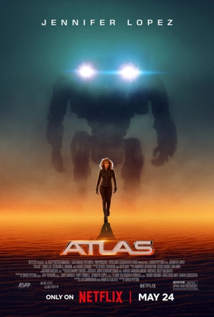 Movie poster for Atlas featuring Jennifer Lopez standing in a desolate landscape with a large, futuristic robot looming behind her.