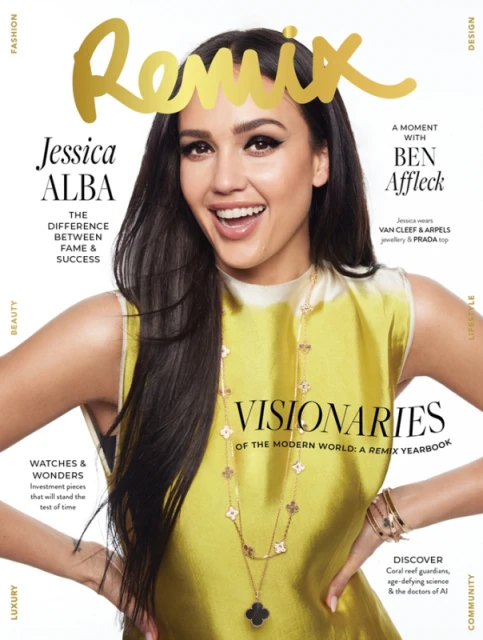 Magazine cover featuring Jessica Alba wearing a yellow dress and Van Cleef & Arpels jewelry, smiling at the camera with a gold Remix logo.
