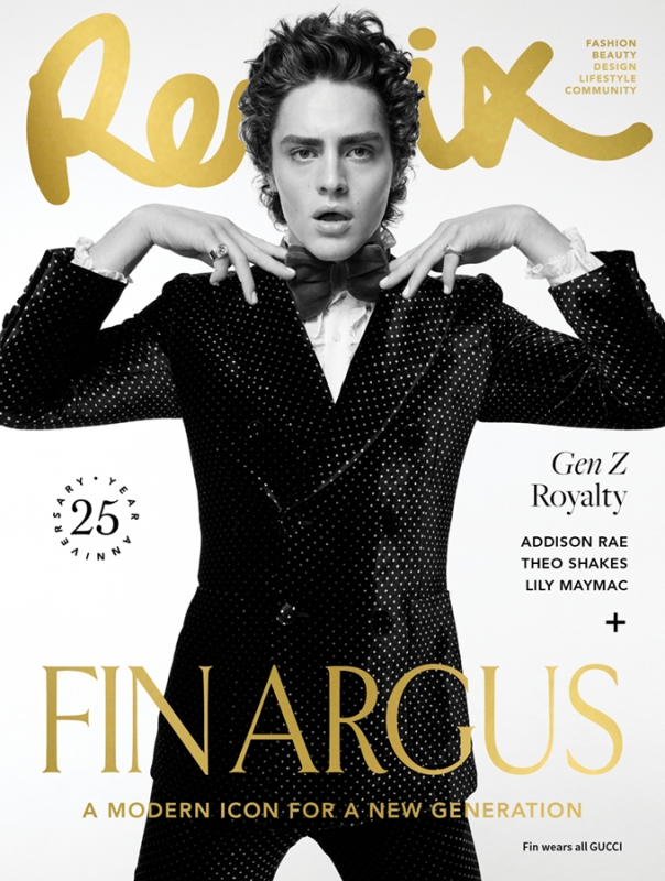 Magazine cover featuring a young adult male model with dark hair wearing a polka-dot tuxedo and bow tie on a white background.