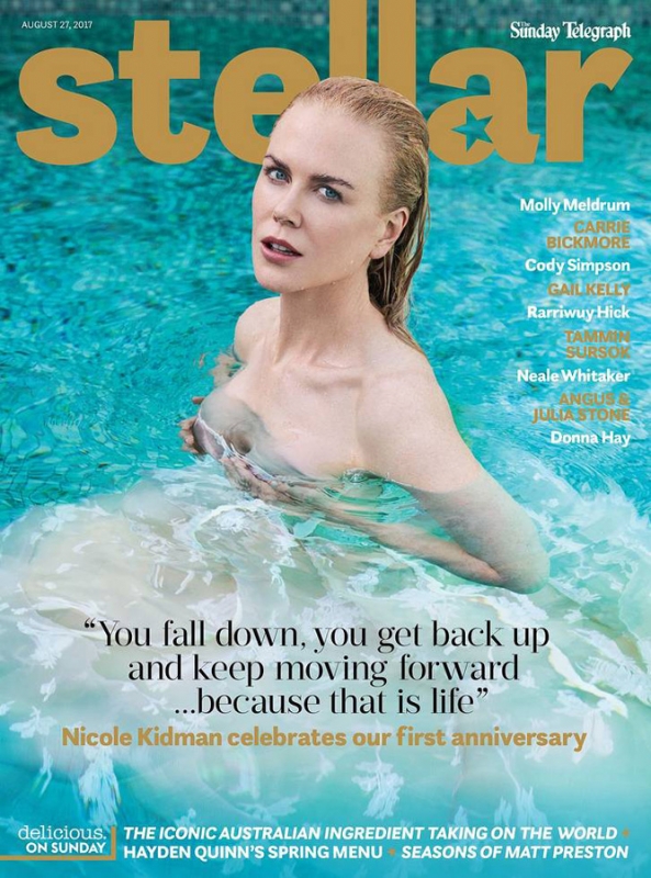 Magazine cover featuring Nicole Kidman in a pool, promoting Stellar magazine with headlines about its anniversary and featured articles.