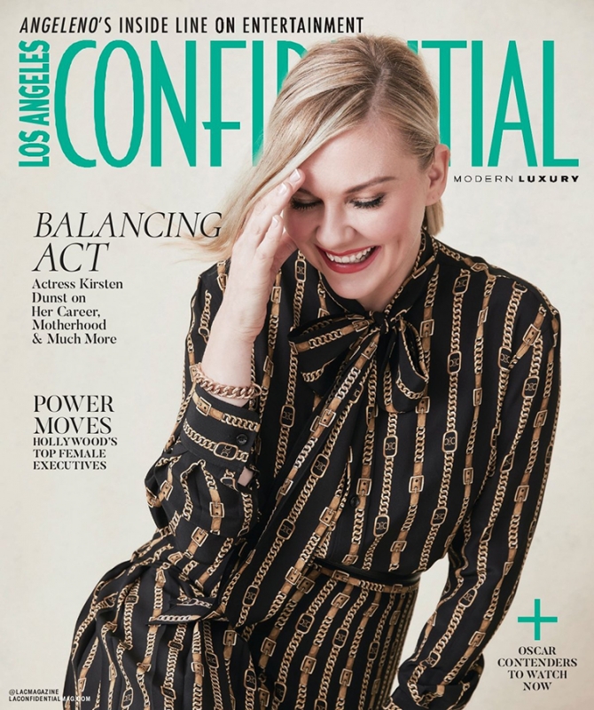 Kirsten Dunst graces the cover of Los Angeles Confidential magazine, smiling in a chain-patterned dress. Modern luxury celebrity fashion.