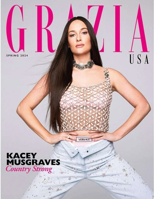 Kacey Musgraves poses on the cover of Grazia USA Spring 2024 in a crocheted top, light-wash jeans, and silver choker necklace.