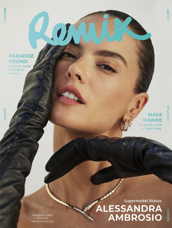 Remix magazine cover featuring Alessandra Ambrosio wearing Bulgari necklace and gloves, showcasing fashion and beauty elements against a neutral backdrop.