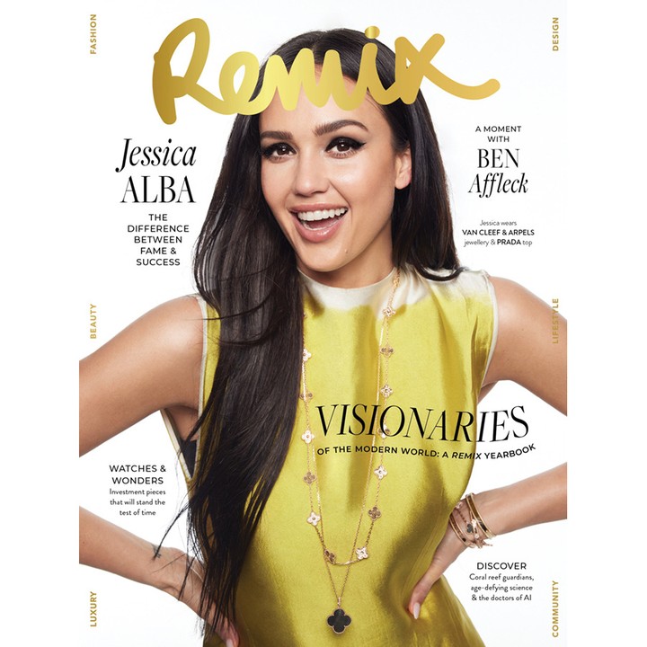 Magazine cover featuring Jessica Alba with the word 'Remix' at the top in gold letters. Alba wears a sleeveless dress and jewelry.