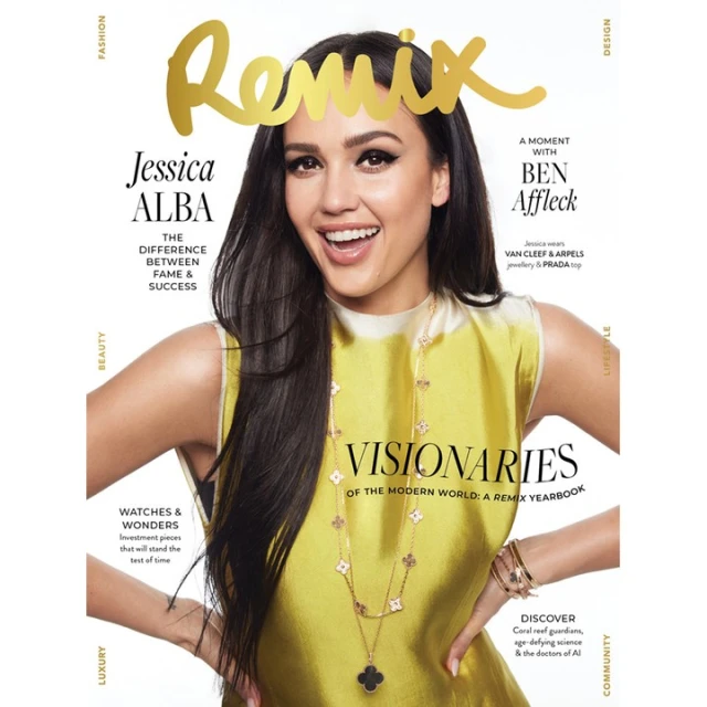 Magazine cover featuring Jessica Alba with the word 'Remix' at the top in gold letters. Alba wears a sleeveless dress and jewelry.