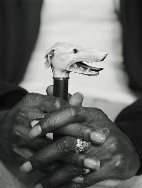 Close-up shot of an adult holding a cane with a carved dog head handle, set against a blurred background, captured in black and white.