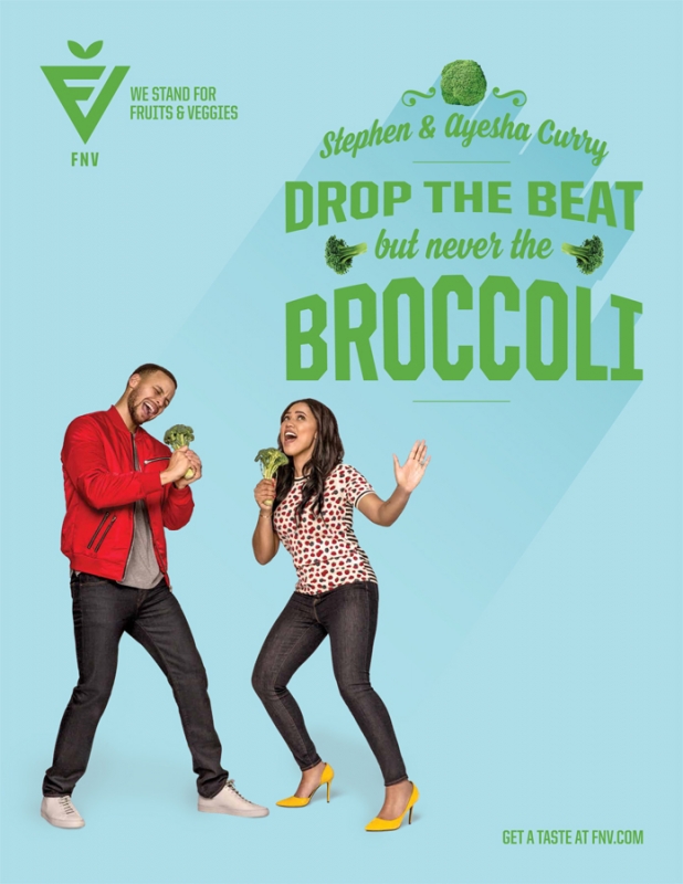 Stephen and Ayesha Curry in a light blue background advertisement for FNV holding broccoli like microphones and singing.