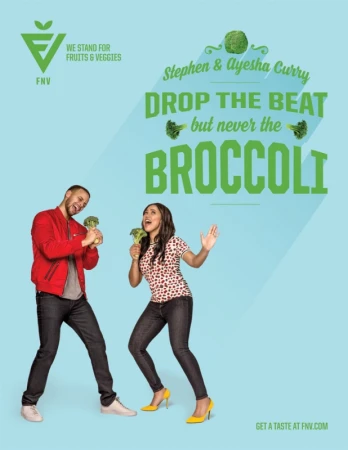 Stephen and Ayesha Curry in a light blue background advertisement for FNV holding broccoli like microphones and singing.