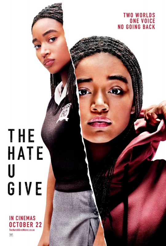 Movie poster for 'The Hate U Give' features an African-American teenage girl in two outfits: a school uniform and a maroon hooded sweatshirt.