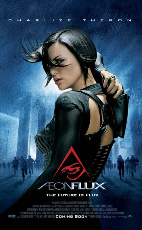 Movie poster featuring Charlize Theron as Aeon Flux, with a futuristic cityscape and silhouetted figures in the background.