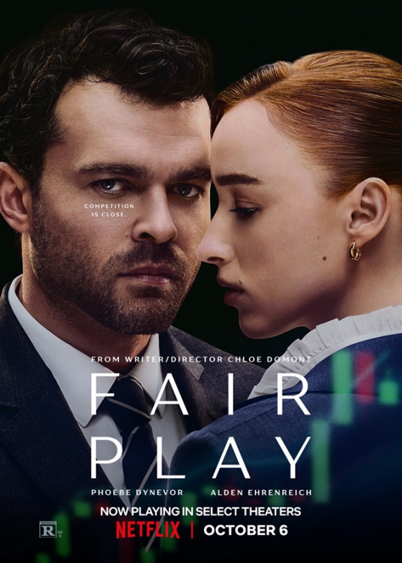 Movie poster for 'Fair Play' featuring a man and woman in a close-up shot with a dark green background and white and green text.