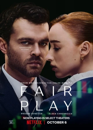 Movie poster for 'Fair Play' featuring a man and woman in a close-up shot with a dark green background and white and green text.