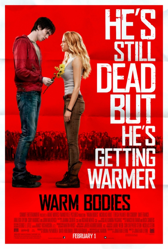Movie poster for Warm Bodies featuring a zombie man offering flowers to a blonde woman, set against a red background with film title.