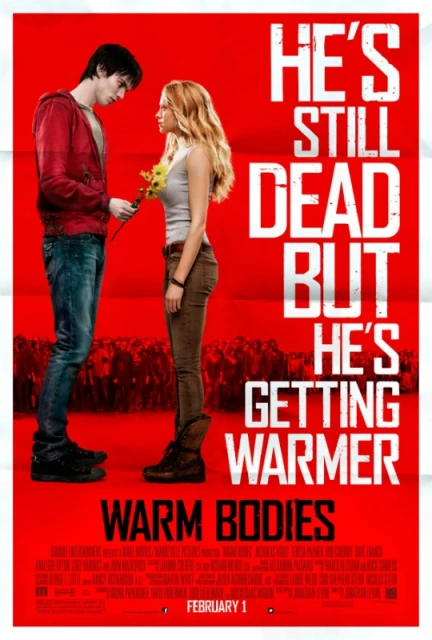 Movie poster for Warm Bodies featuring a zombie man offering flowers to a blonde woman, set against a red background with film title.