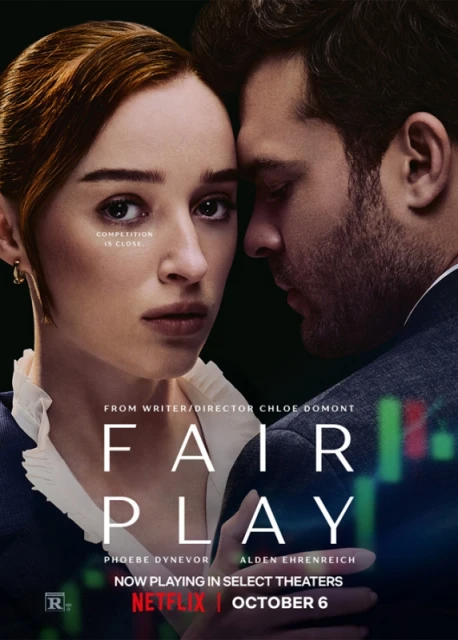 Movie poster for 'Fair Play' featuring a close-up of an adult woman and man against a dark background with financial chart graphics.