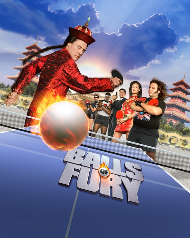 Movie poster for Balls of Fury featuring Christopher Walken and ping pong ball, set against pagoda backdrop with blue sky and table tennis table.